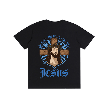 Unisex pure cotton T-shirt, dark charcoal with blue Jesus emblem and text graphic