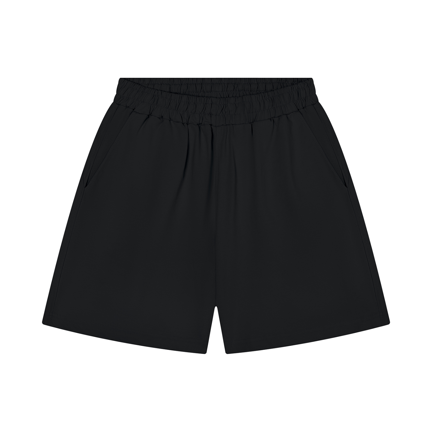 Black cotton shorts with elastic waistband and relaxed straight legs