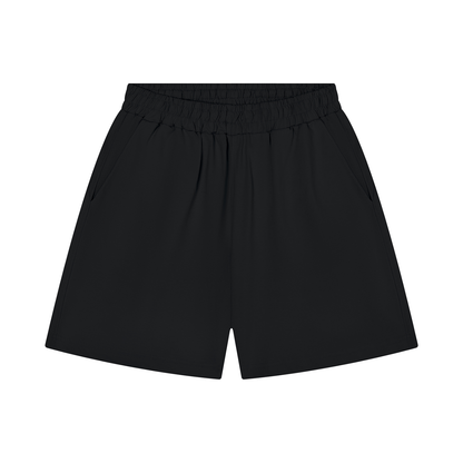 Black cotton shorts with elastic waistband and relaxed straight legs