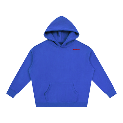 Oversize fleeced hoodie, royal blue with hood and kangaroo pocket; small chest logo