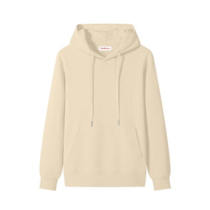 Khaki cotton unisex hoodie with front kangaroo pocket and drawstring hood