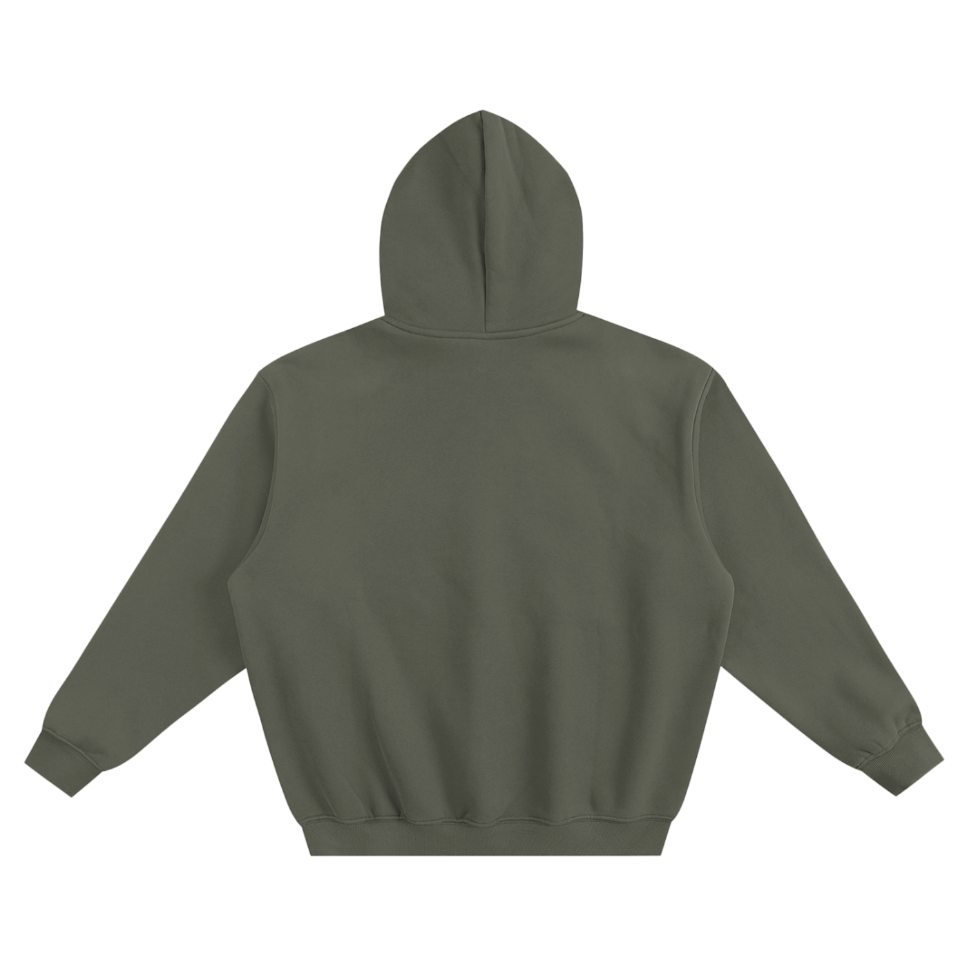 Oversized boxy hoodie, dark olive gray with hood up and kangaroo pocket