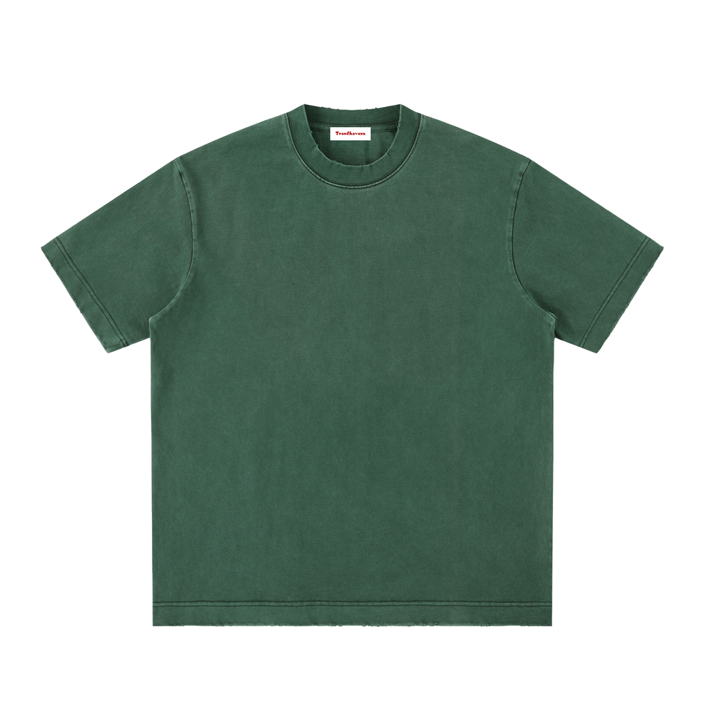 Vintage-washed green t-shirt, crew neck, short sleeves, front view