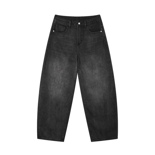 Men's black vintage wash barrel-leg jeans, button fly, front pockets and belt loops