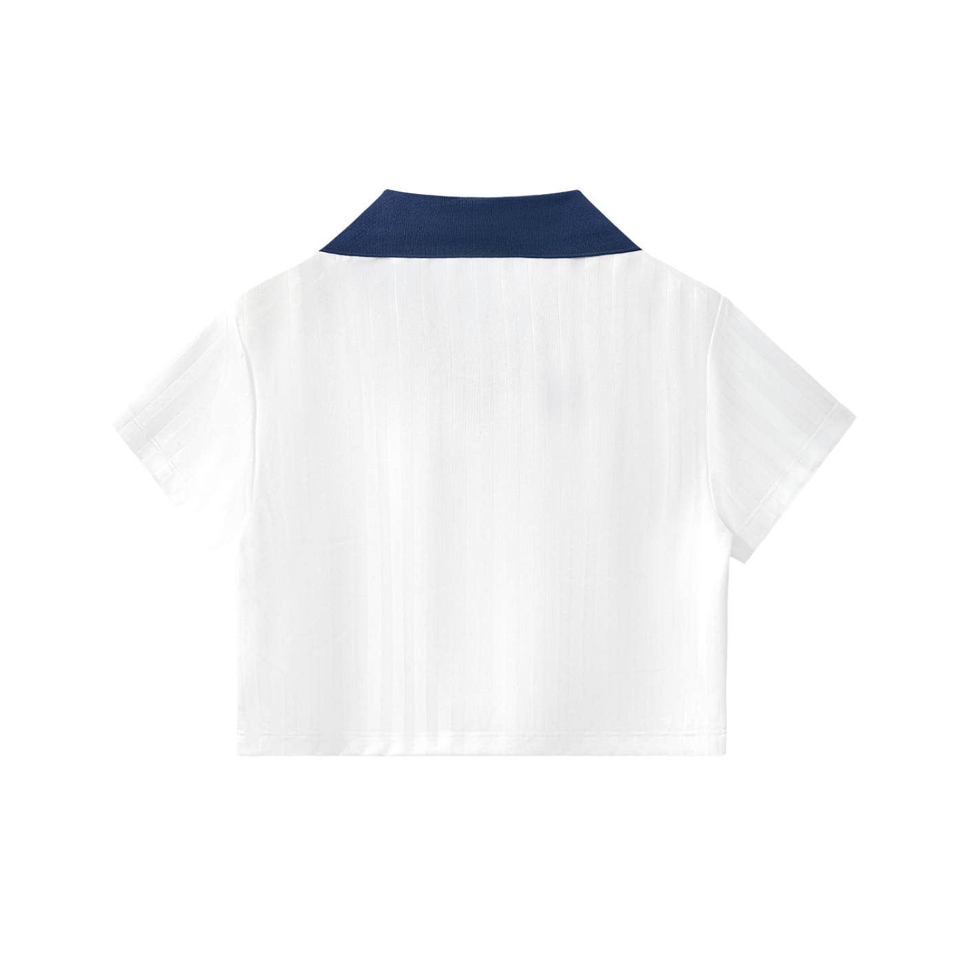 Back view of cropped jersey top with white fabric and contrast navy collar.