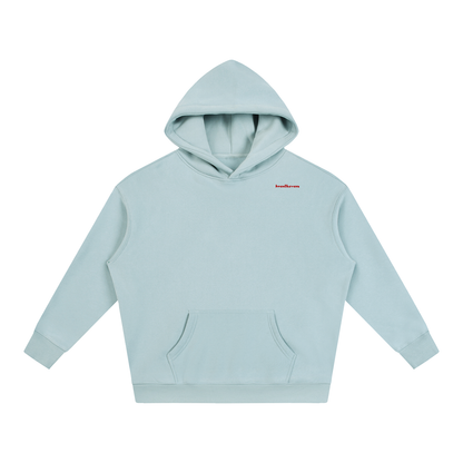Oversize fleeced hoodie in light blue with hood and front kangaroo pocket.