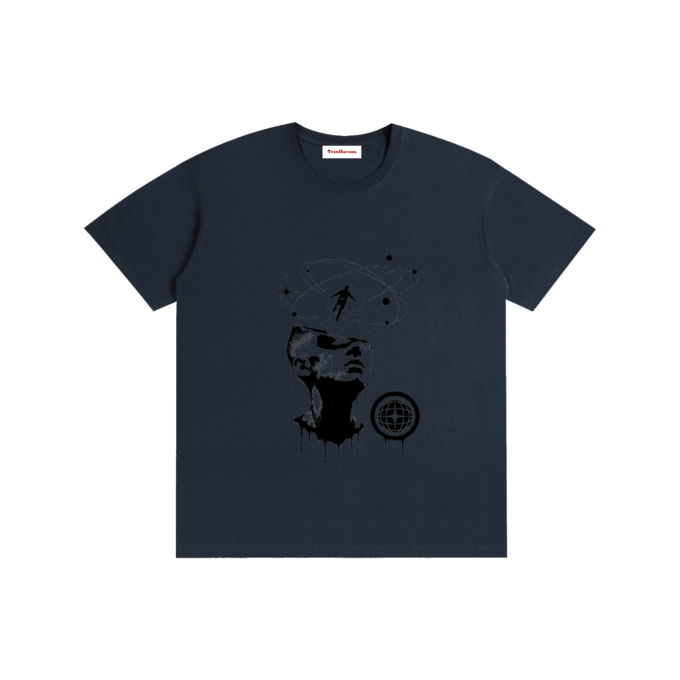 Unisex cotton T-shirt, dark navy, front face and dreamcatcher graphic