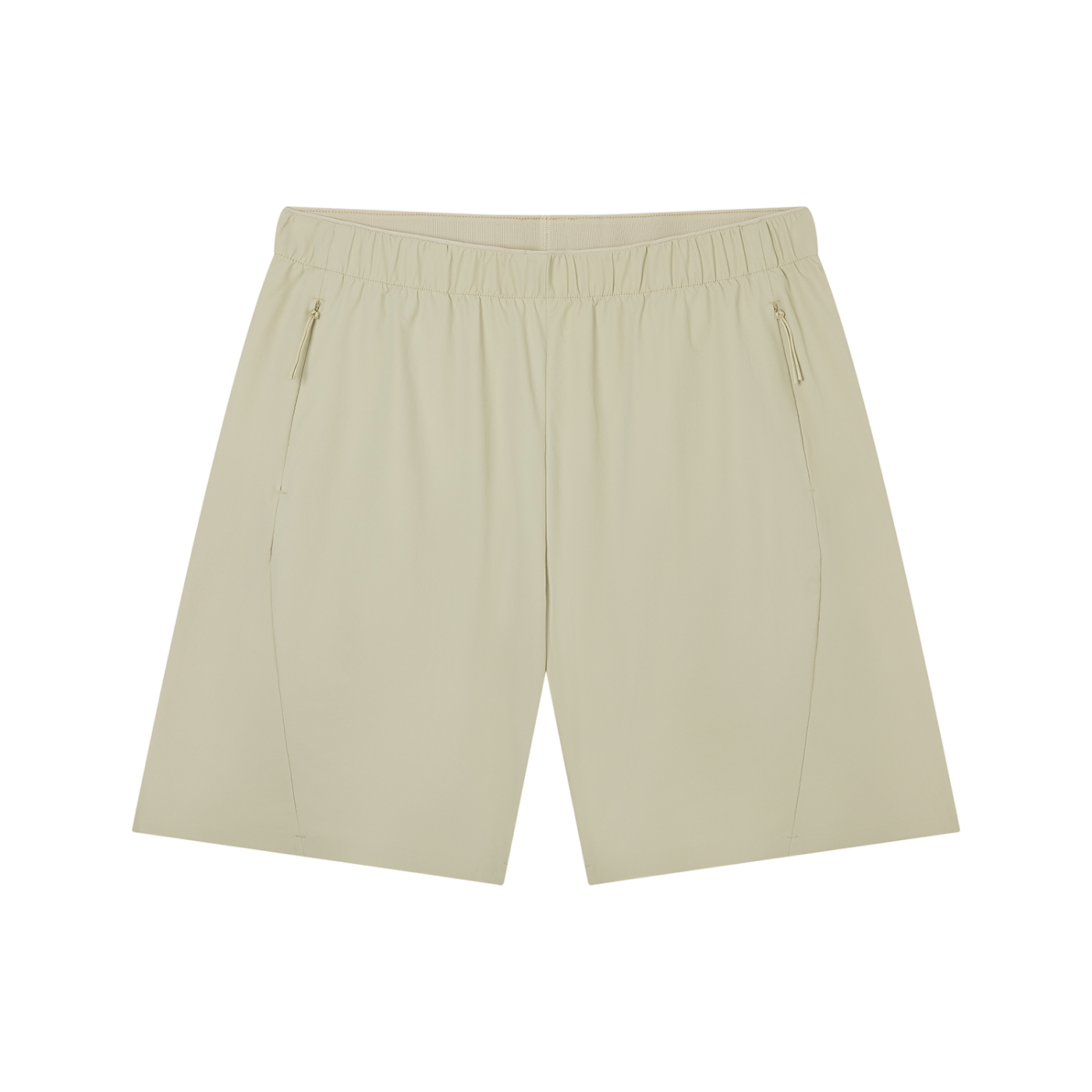 Men's light beige drawstring basketball shorts, elastic waistband, side tie tabs