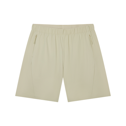 Men's light beige drawstring basketball shorts, elastic waistband, side tie tabs