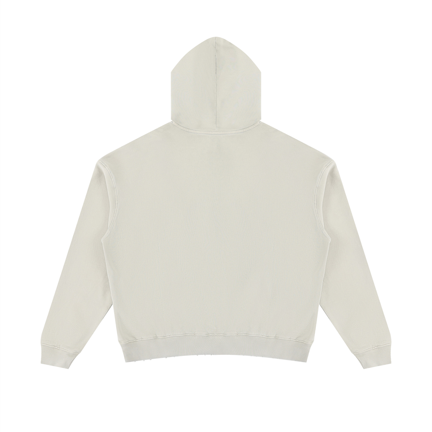 Unisex mineral-wash distressed pullover hoodie, off-white, back view with hood and ribbed hem