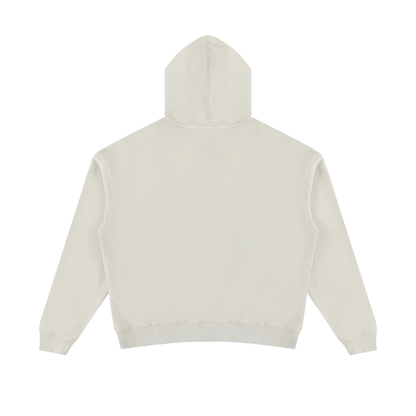 Unisex mineral-wash distressed pullover hoodie, off-white, back view with hood and ribbed hem