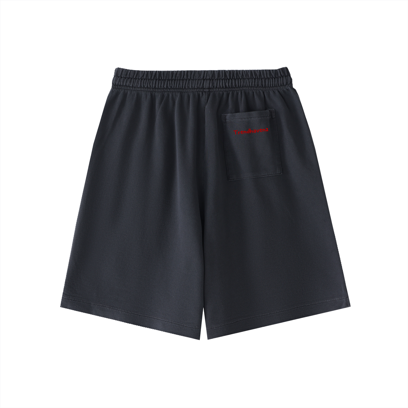 Cotton vintage-wash shorts in dark navy, elastic waist with drawstring, chest pocket detail