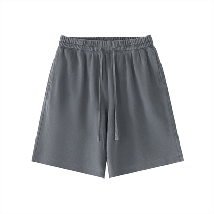 Gray vintage-wash cotton drawstring shorts with elastic waistband and side pockets