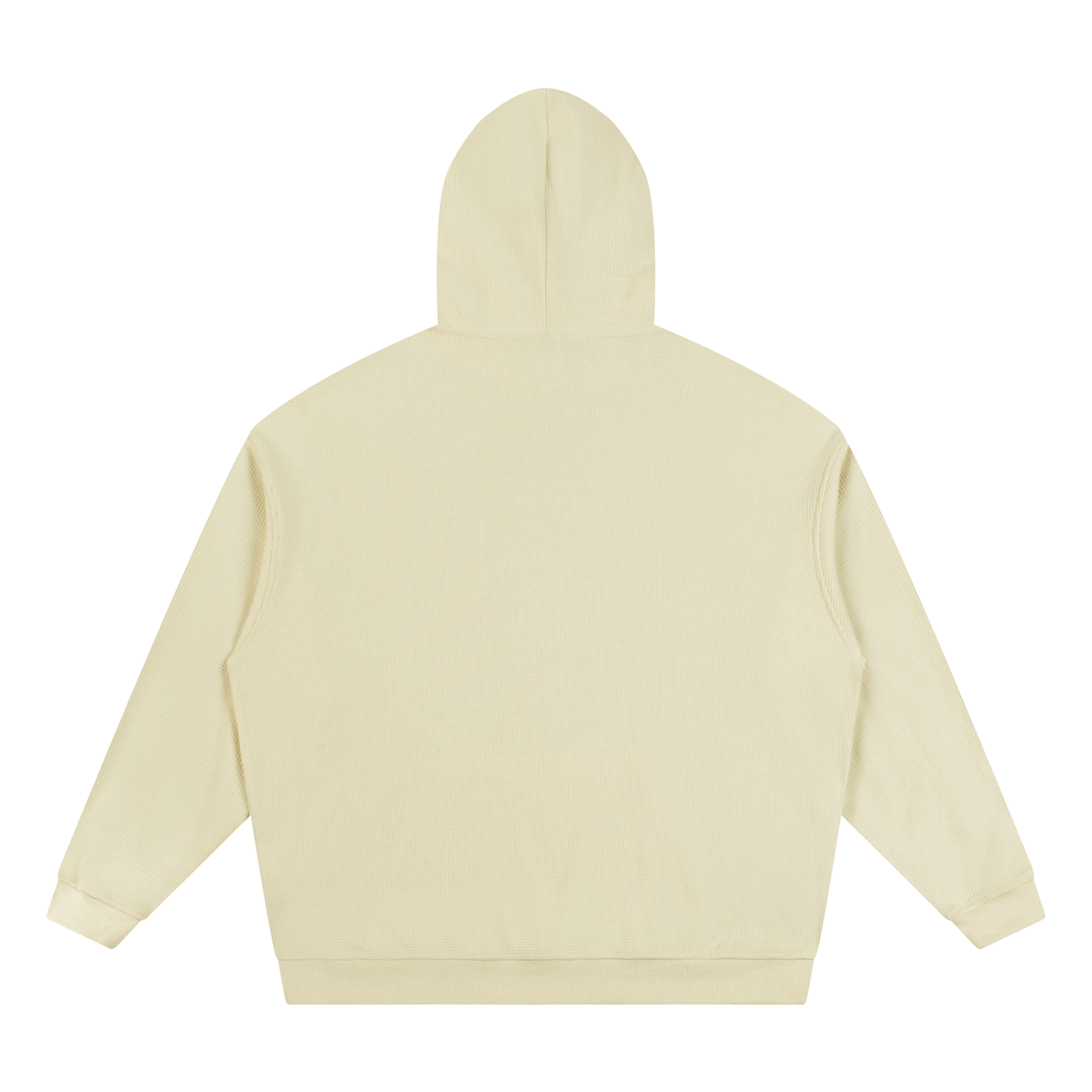 Light cream unisex waffle hoodie, back view with hood and long sleeves