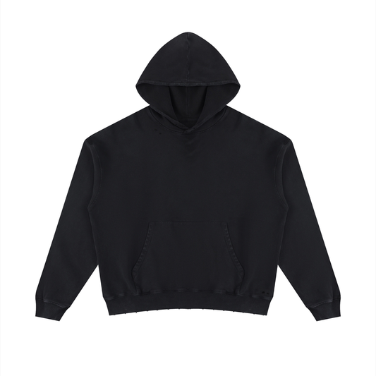 Unisex mineral-wash distressed pullover hoodie, black, front view with kangaroo pocket