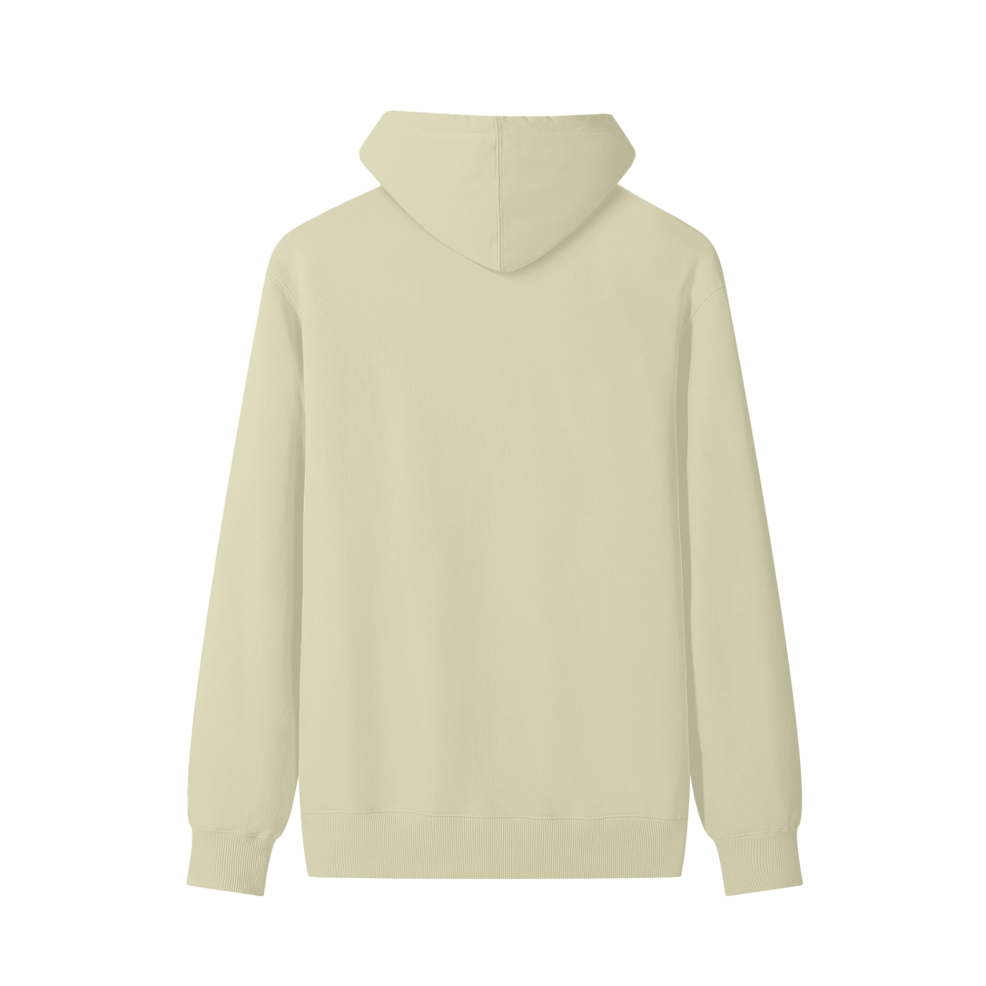 Cream/beige cotton pullover hoodie, back view with hood and relaxed fit.