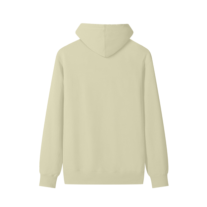 Cream/beige cotton pullover hoodie, back view with hood and relaxed fit.