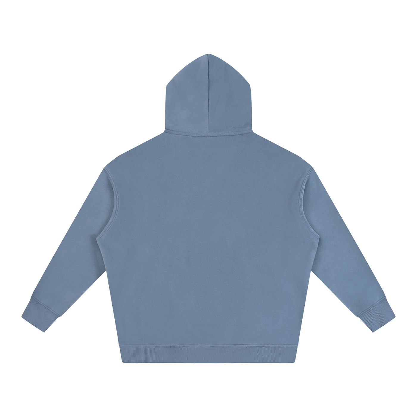 Oversize fleece hoodie, dusty blue back view with hood and front pouch pocket