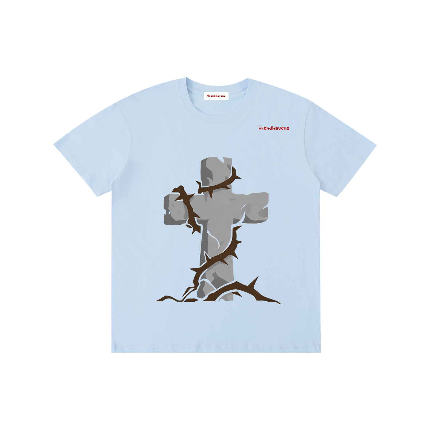 Unisex pure cotton T-shirt, sky blue with gray Jesus raising-arms graphic