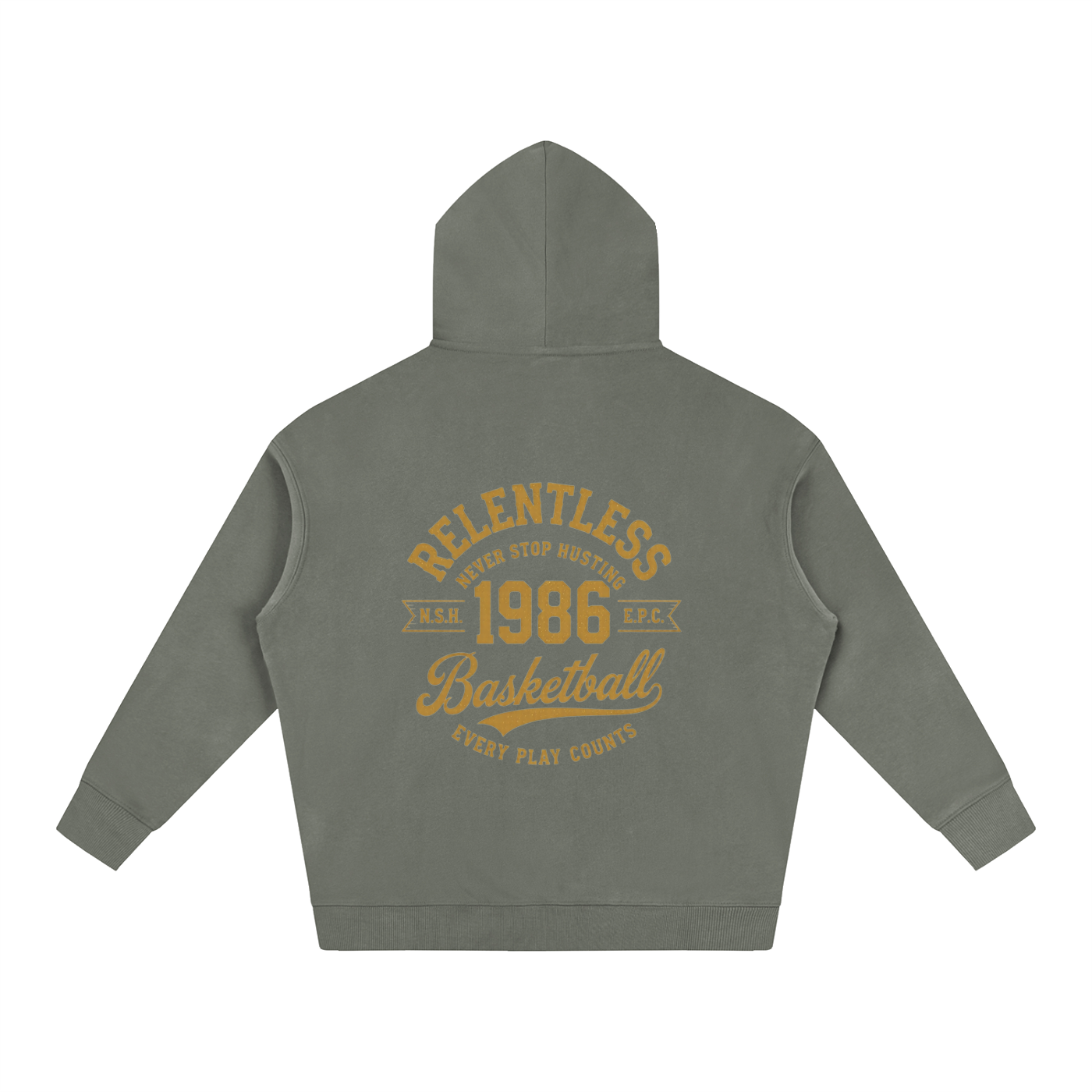 Oversized fleeced hoodie, gray back with basketball graphic and hood