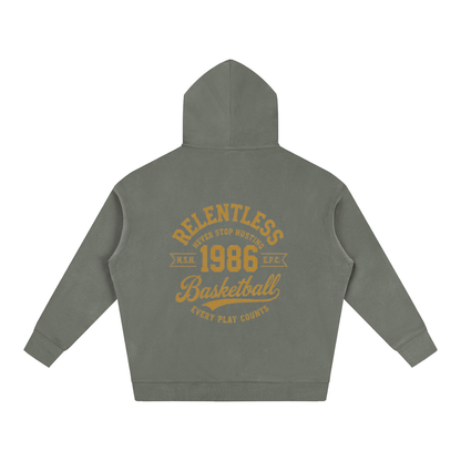 Oversized fleeced hoodie, gray back with basketball graphic and hood
