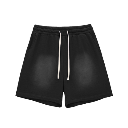 Black cotton shorts with elastic waistband, drawstring, straight hems