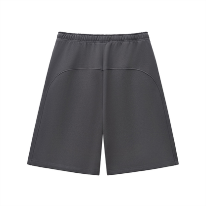 Charcoal gray heavyweight fleece shorts, elastic waistband with drawstring, back view