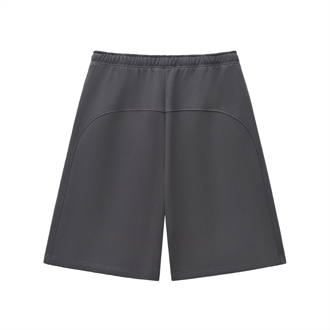 Unisex heavyweight fleece shorts, charcoal gray, back view with yoke seam and drawstring