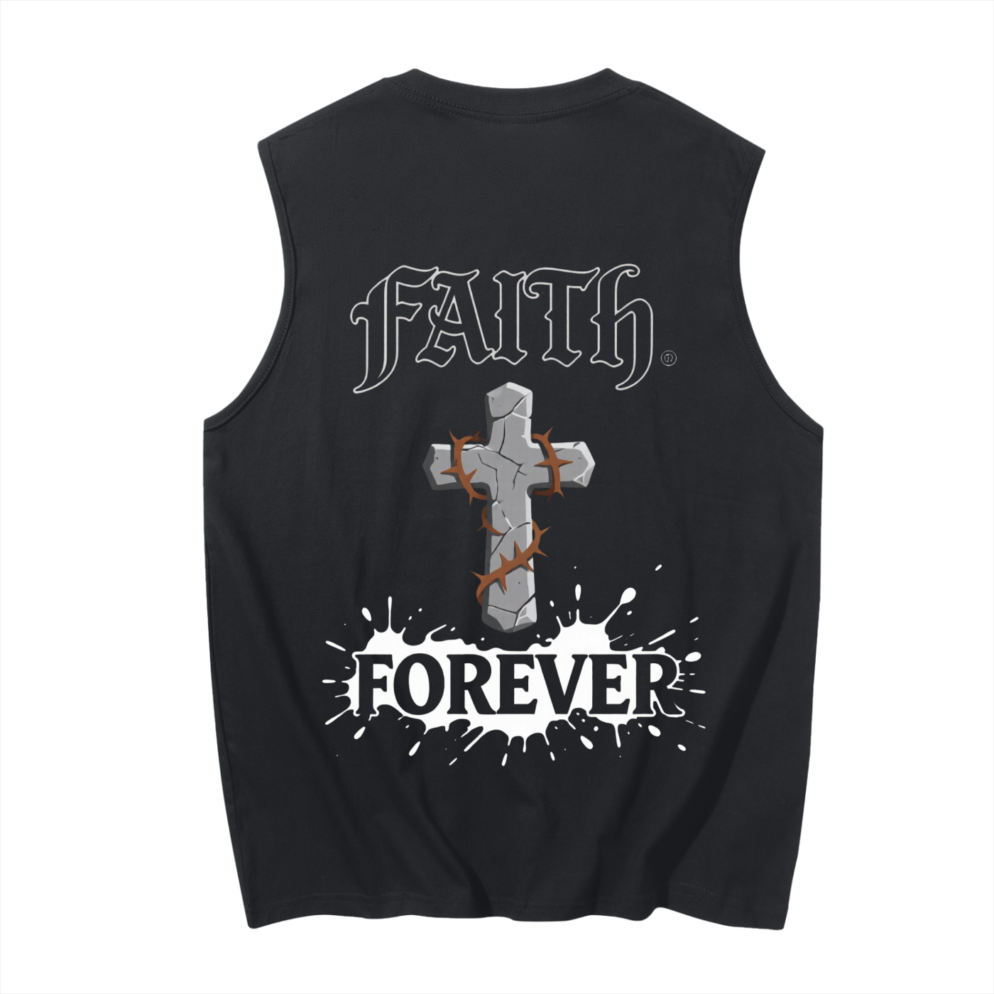 Men's sleeveless cotton tank top, black; large back graphic print; crew neck
