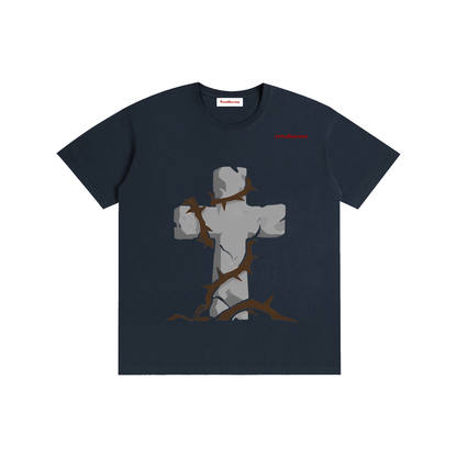 Unisex cotton T-shirt, dark navy, Jesus graphic with hands and cross motif