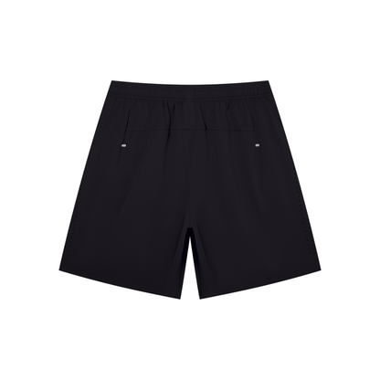 Men's black performance shorts with elastic waistband and side eyelet details
