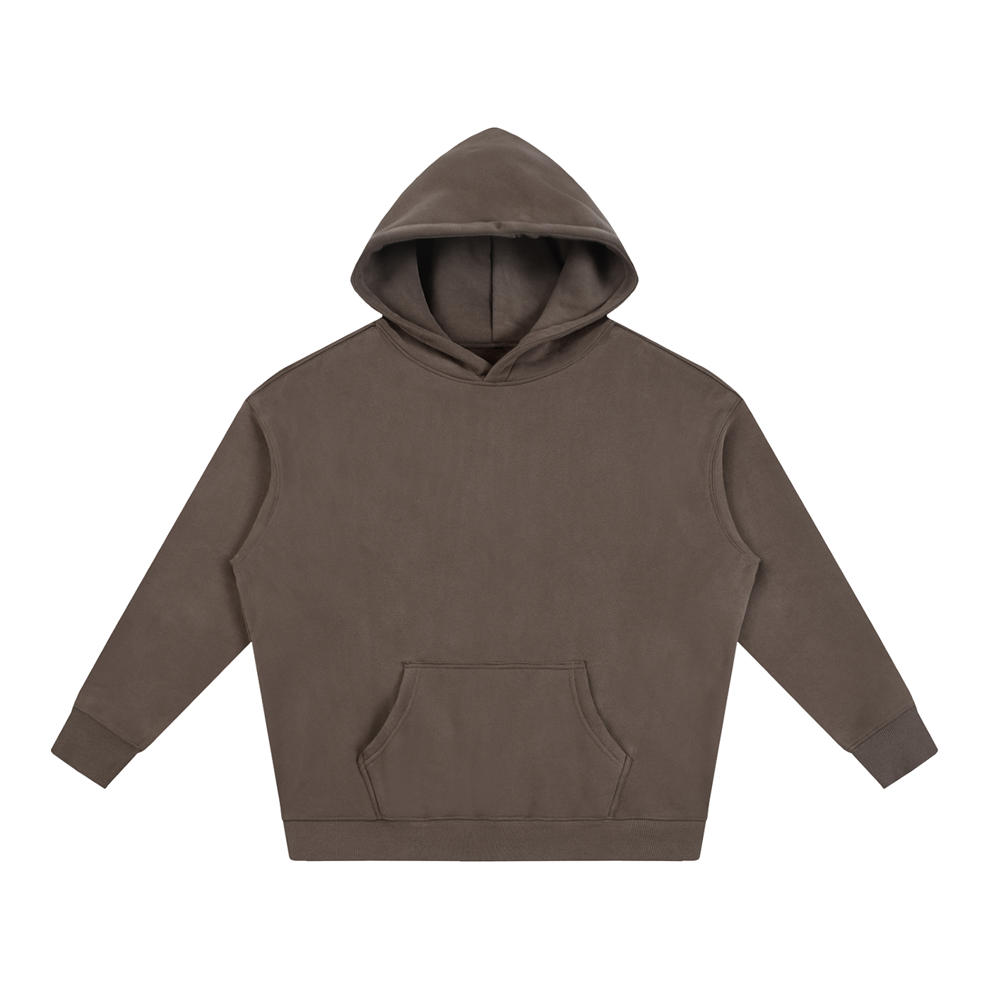 Dark brown oversized fleece pullover hoodie with hood and kangaroo pocket.