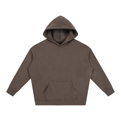 Dark brown oversized fleece pullover hoodie with hood and kangaroo pocket.
