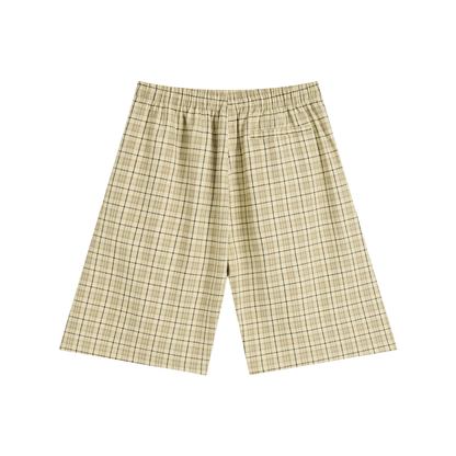 Plaid wide-leg shorts with elastic waistband and drawstring, pale beige plaid