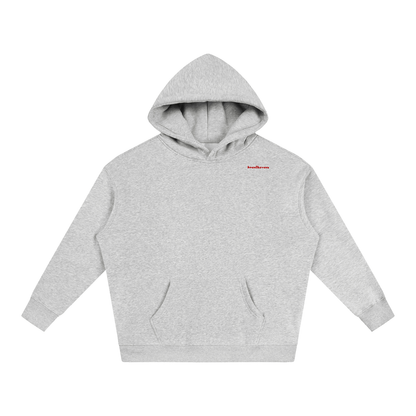 Oversized fleece hoodie, light gray, front hood, small chest logo, kangaroo pocket