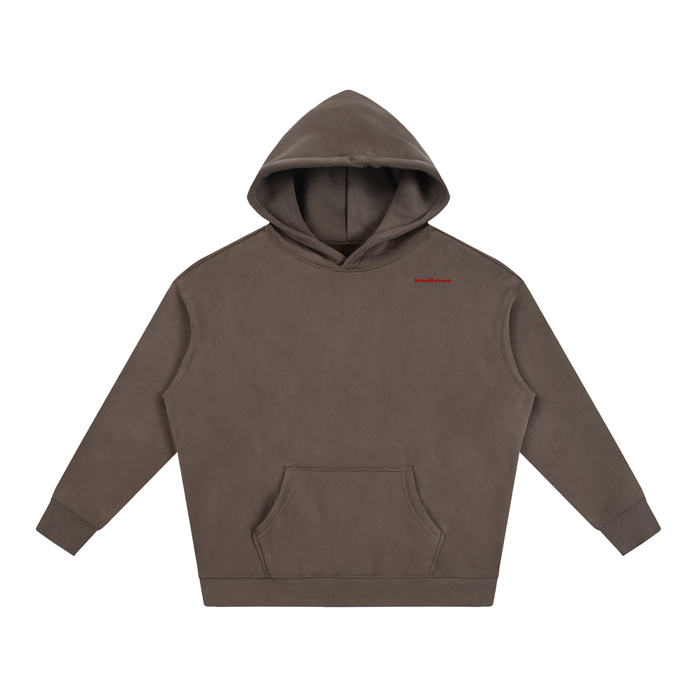 Oversize fleeced hoodie in dark brown with hood, kangaroo pocket, and logo.