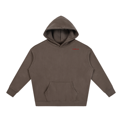 Oversize fleeced hoodie in dark brown with hood, kangaroo pocket, and logo.