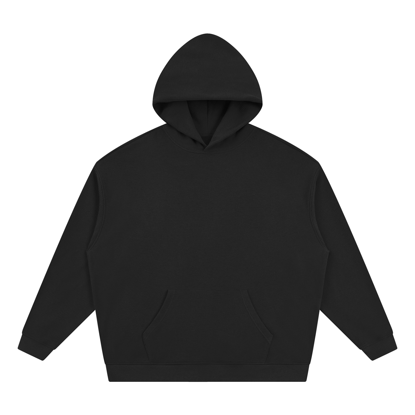 Black unisex waffle hoodie with hood and kangaroo pocket, long sleeves