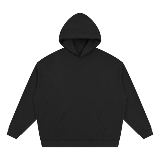Black unisex waffle hoodie with hood and kangaroo pocket, long sleeves