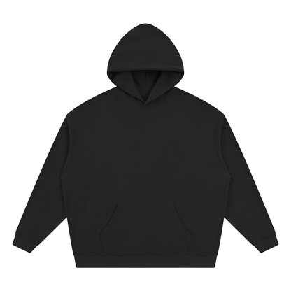 Black waffle pullover hoodie with hood and front kangaroo pocket, relaxed fit