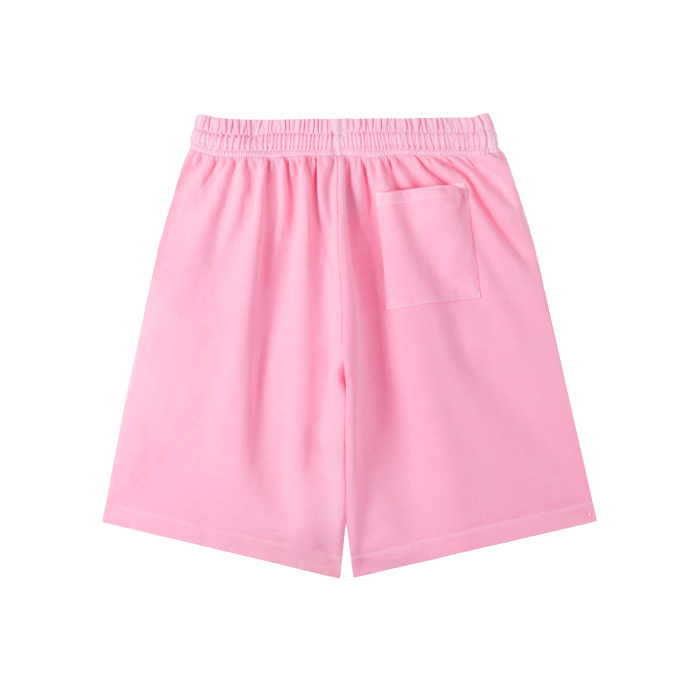 Light pink cotton shorts with elastic waist, drawstring, and front patch pocket.