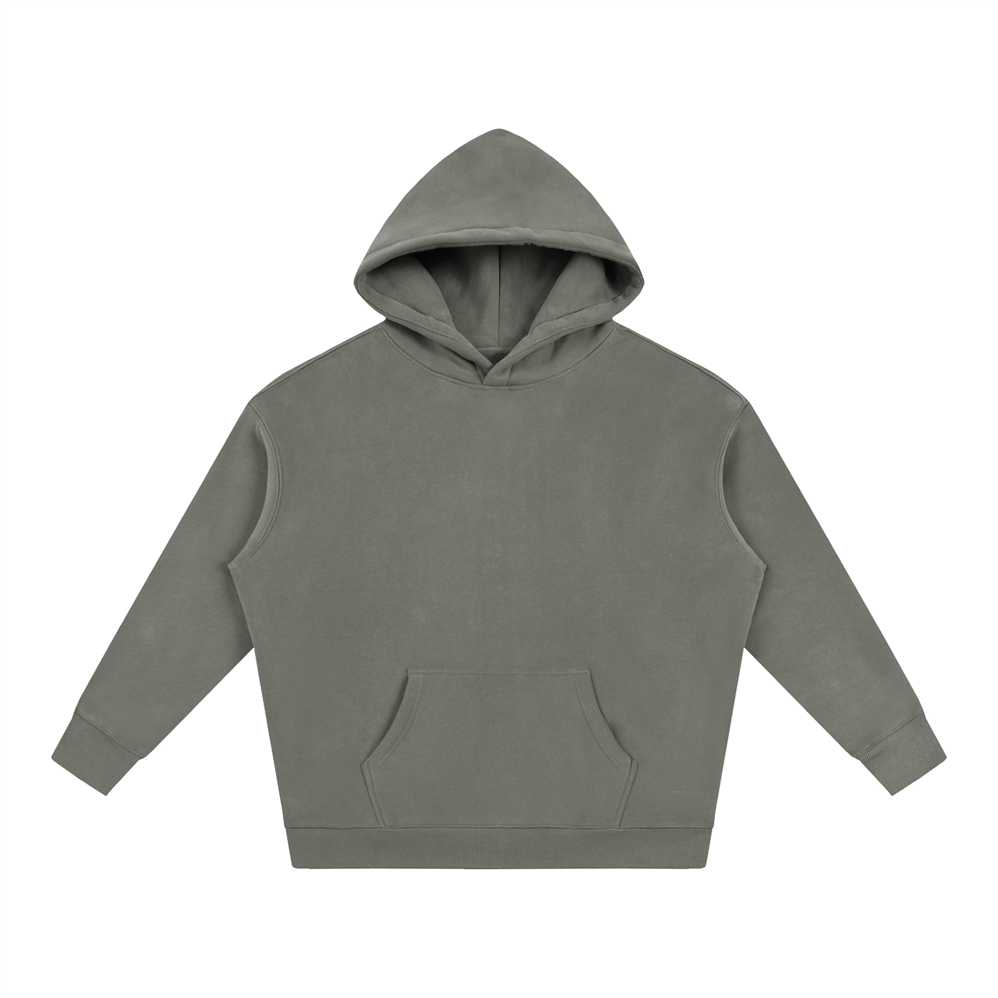 Oversized fleece pullover hoodie in gray, front view with kangaroo pocket