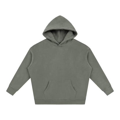 Oversized fleece pullover hoodie in gray, front view with kangaroo pocket