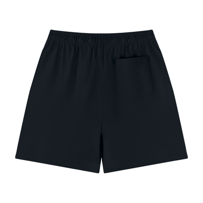 Unisex cotton shorts in dark navy with side slip pocket, elastic waistband.