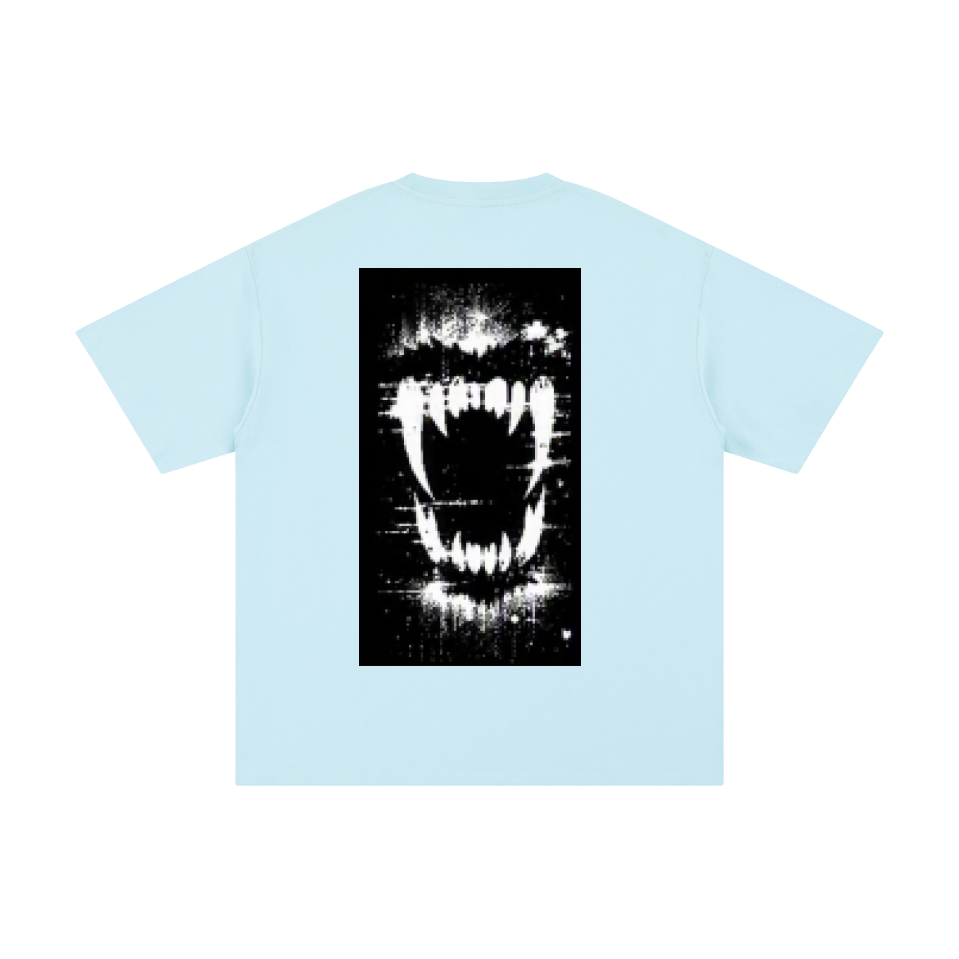 Light blue pure cotton T-shirt with black-and-white chest graphic, crew neck