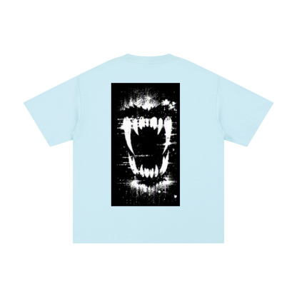 Light blue pure cotton T-shirt with black-and-white chest graphic, crew neck