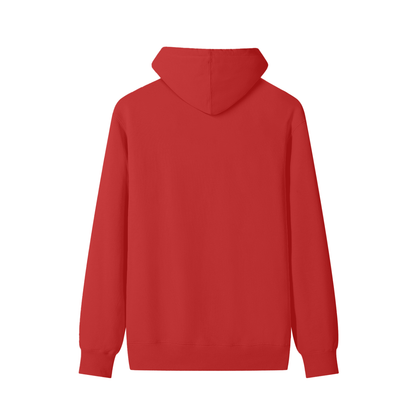 Red cotton pullover hoodie, back view with hood and relaxed fit.