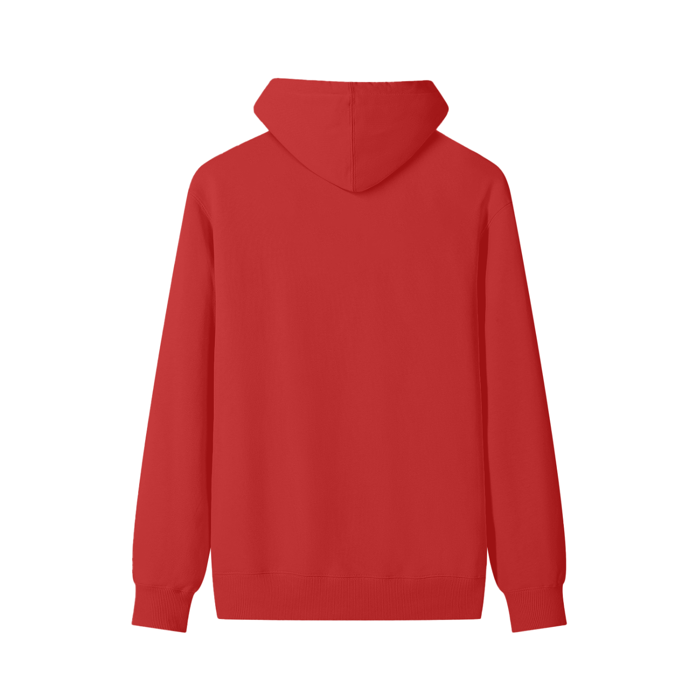 Red pullover hoodie, back view, with hood and kangaroo-pocket hem