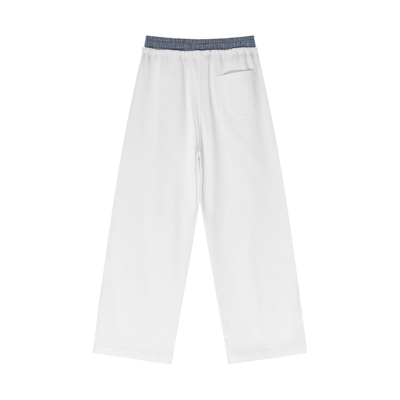 Plaid-contrast waist pants in white with elastic waistband and wide straight legs