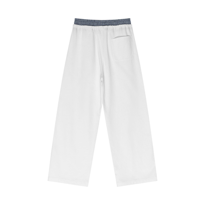 Plaid-contrast waist pants in white with elastic waistband and wide straight legs